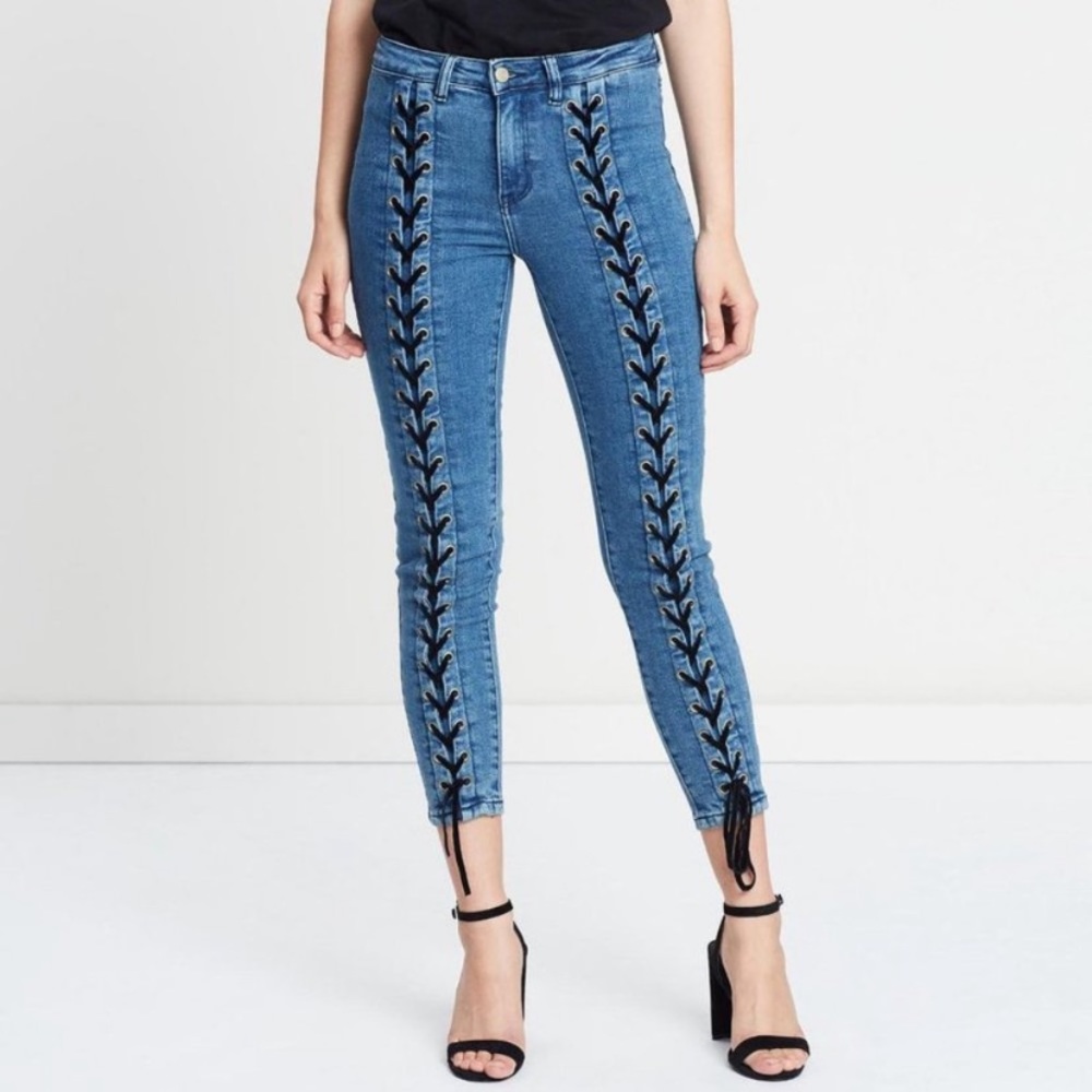 Neon Blonde Blondie Mid Rise Tie Up Blue Valentine Skinny Jeans